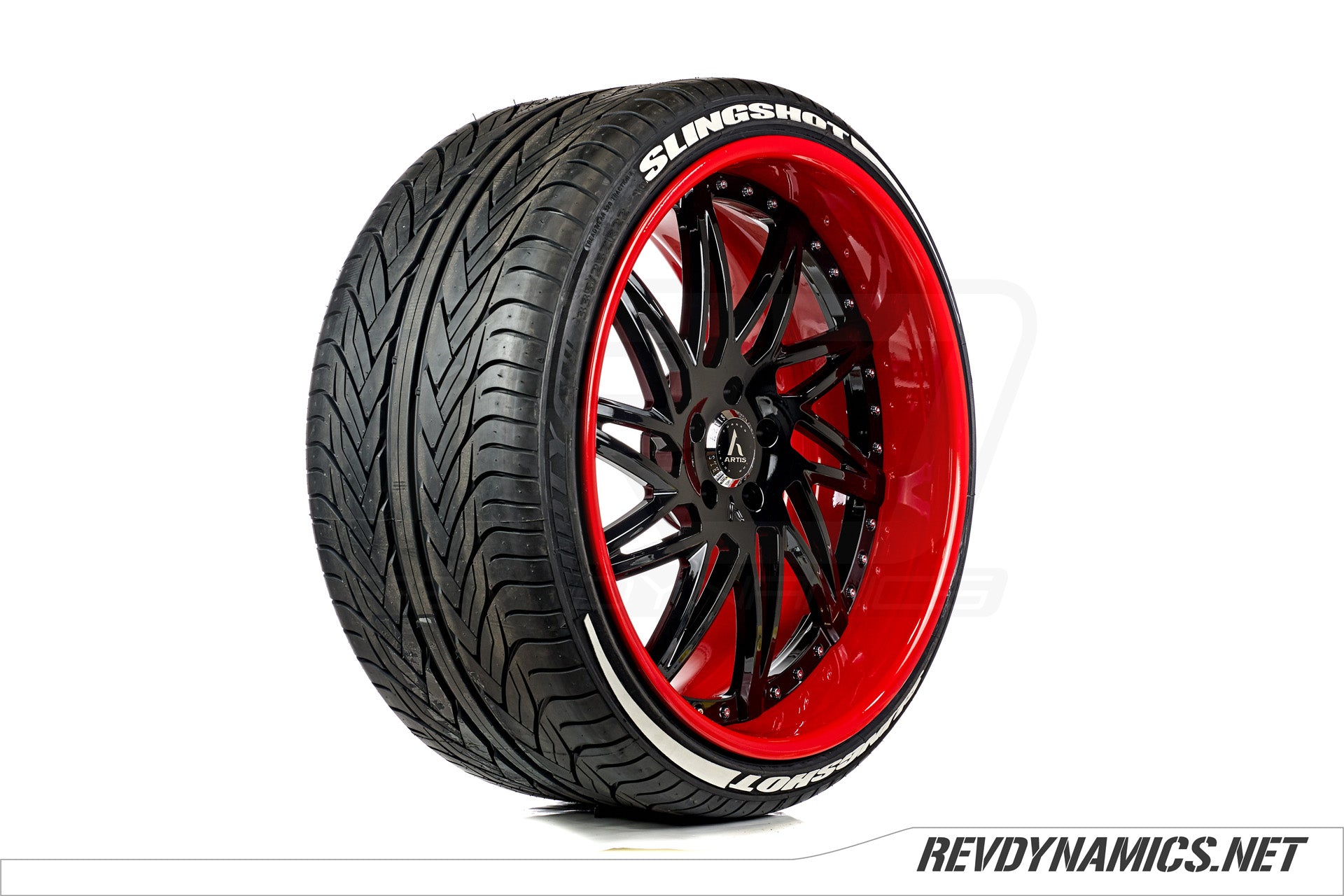 Polaris Slingshot Artis Forged Indy Red and Black custom wheel with tire lettering