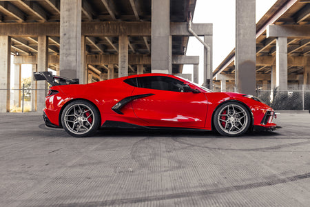 Corvette C8 Torch Red with Rohana RFX11 Brushed Titanium 19 and 20 inch wheels side shot