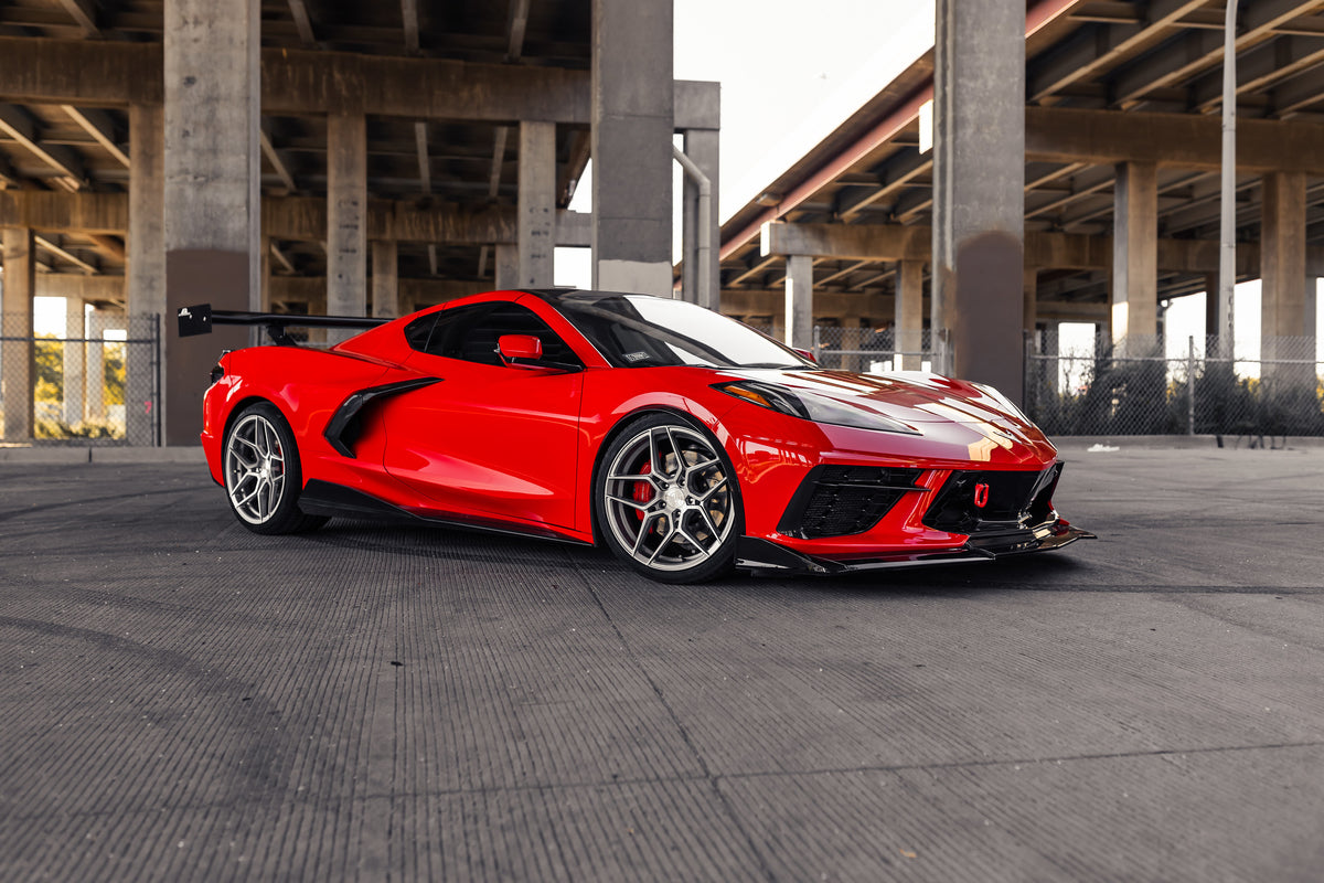 Corvette C8 Torch Red with Rohana RFX11 Brushed Titanium 19 and 20 inch wheels
