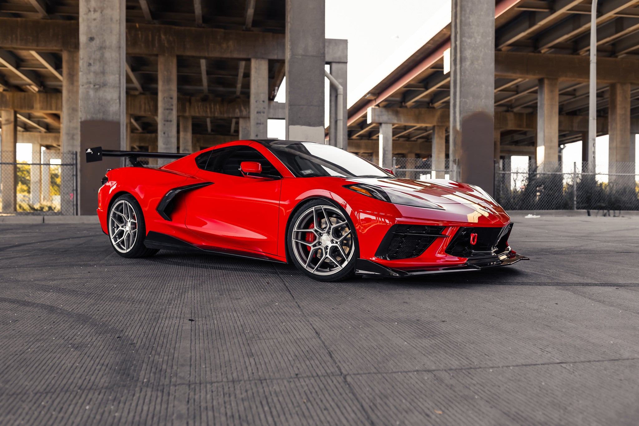 Corvette C8 Torch Red with Rohana RFX11 Brushed Titanium 19 and 20 inch wheels