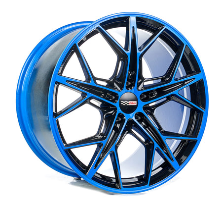 Corvette C8 Rapid blue and black wheel and tire package 20in