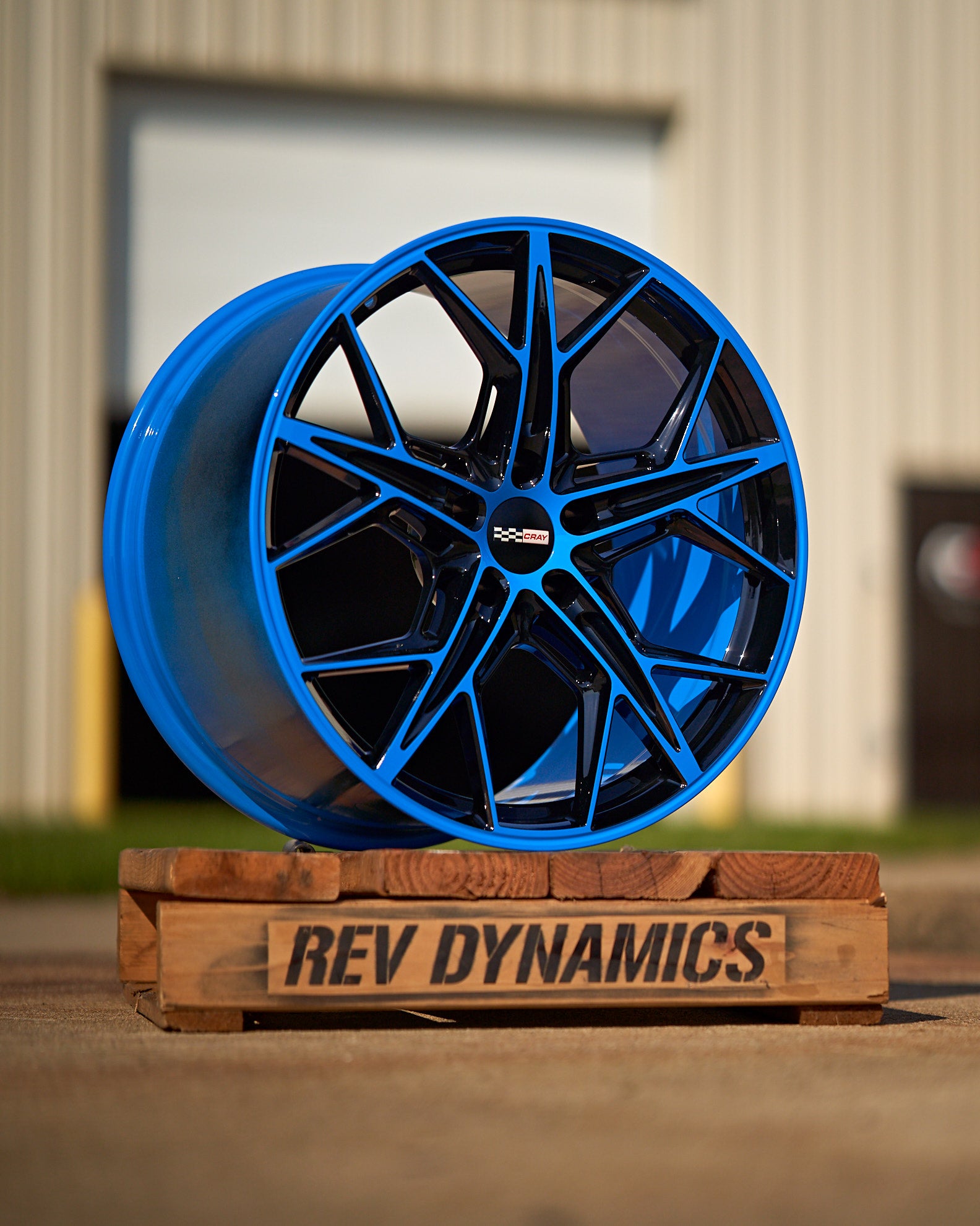 Corvette C8 Rapid blue and black wheel and tire package 20in