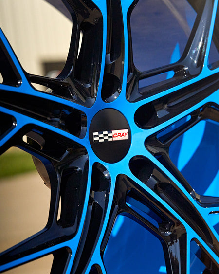 Corvette C8 Rapid blue and black wheel and tire package 20in