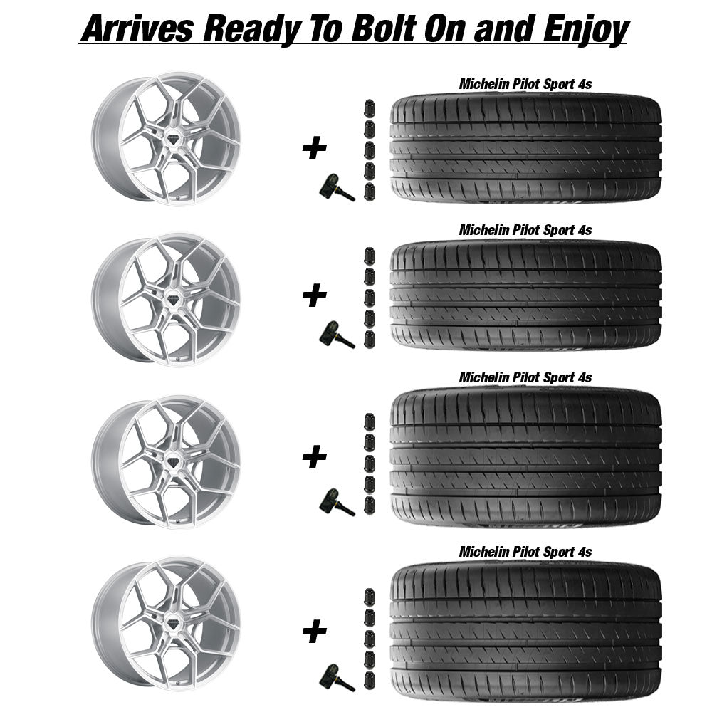 Chevy Corvette C8 Stingray Blaque Diamond BD-F25 Silver wBrushed Face 20in wheel and Michelin Pilot Sport 4S tire package