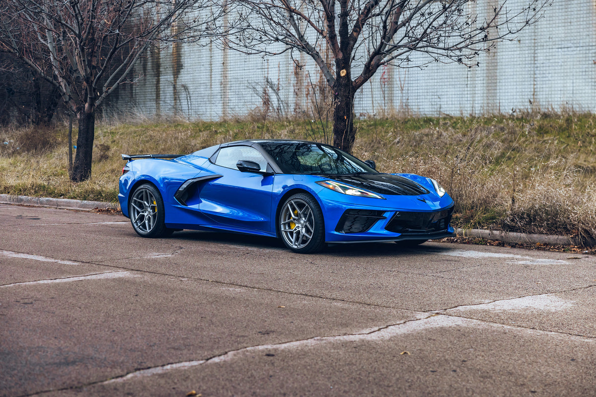 Corvette C8 Blue with Rohana RFX11 Brushed Titanium Wheels 19" front rims 20" rear
