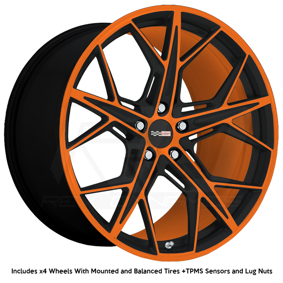 Cray Hammerhead C8 Corvette 19" Front 20" Rear Wheel and Tire Package - Amplified Orange and Black