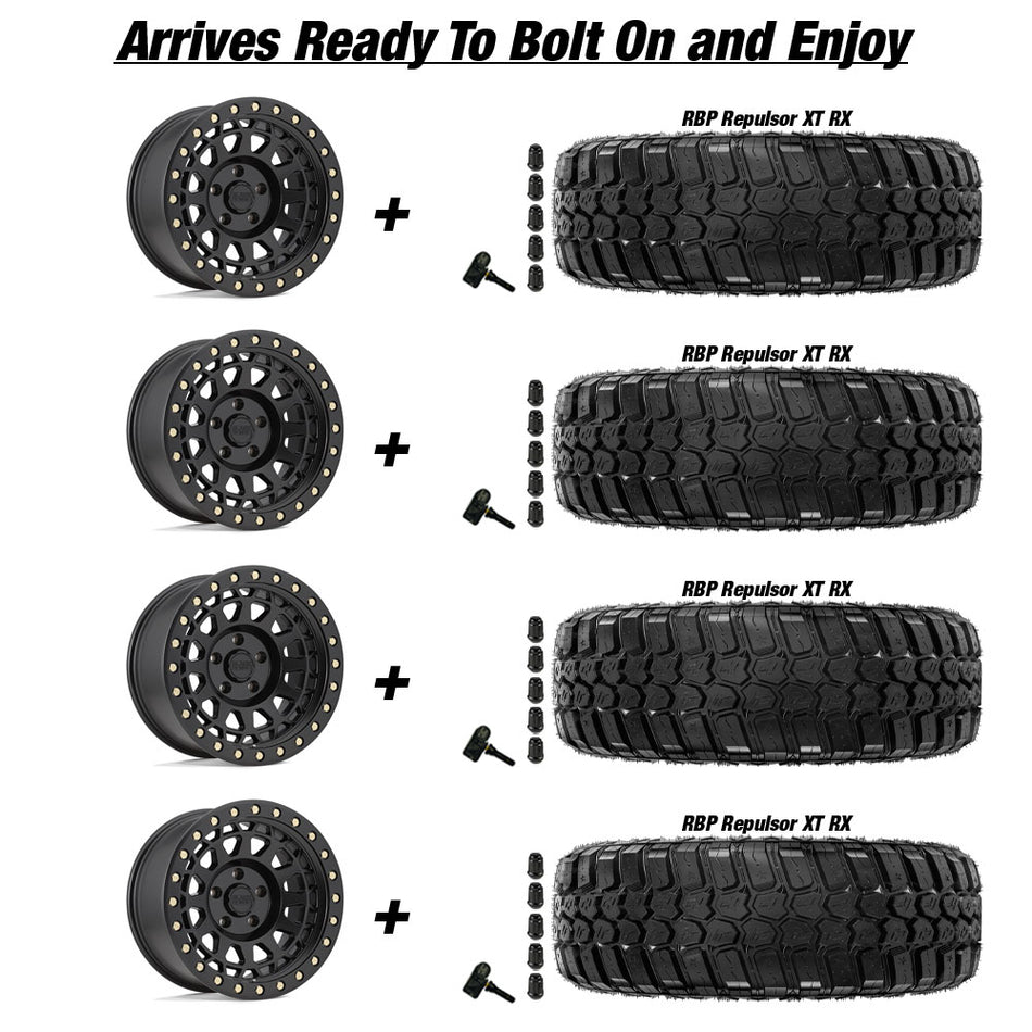 Jeep Gladiator Black Rhino Primm Matte Black w/ Brass Bolts 20in wheel and RBP Repulsor X/T RX tire package
