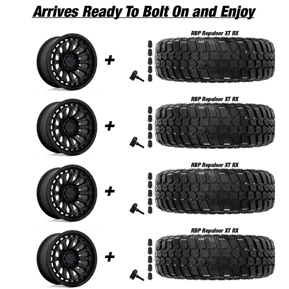 Jeep Gladiator Black Rhino Raid Matte Black 20in wheel and RBP Repulsor X/T RX tire package