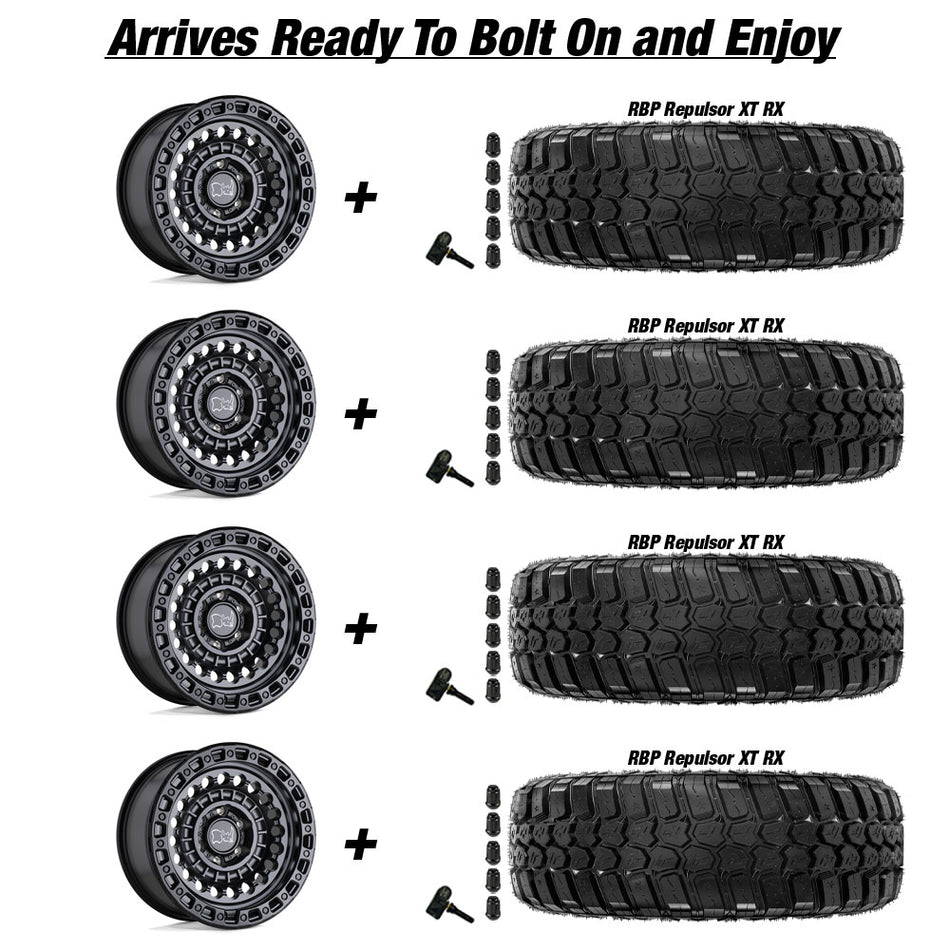 Jeep Gladiator Black Rhino Sentinel Matte Black 20in wheel and RBP Repulsor X/T RX tire package