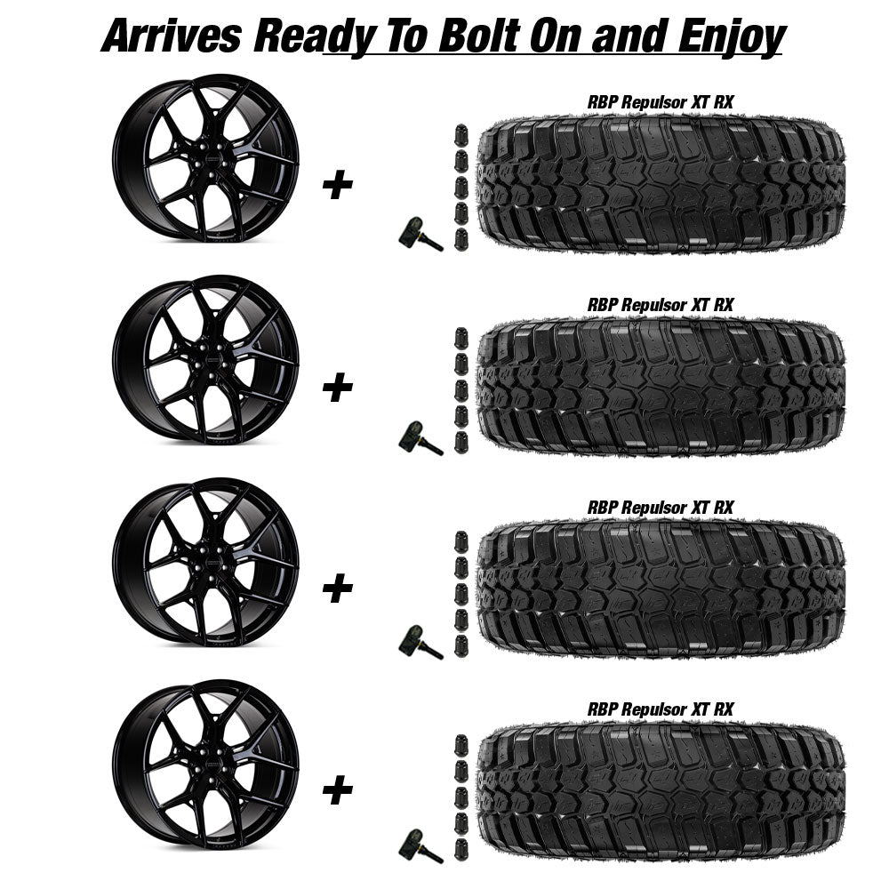 Jeep Gladiator Vossen HF-5 Gloss Black 20in wheel and RBP Repulsor X/T RX tire package
