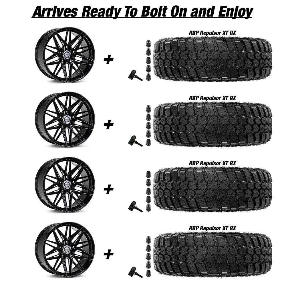 Jeep Gladiator Vossen HF-7 Gloss Black 20in wheel and RBP Repulsor X/T RX tire package