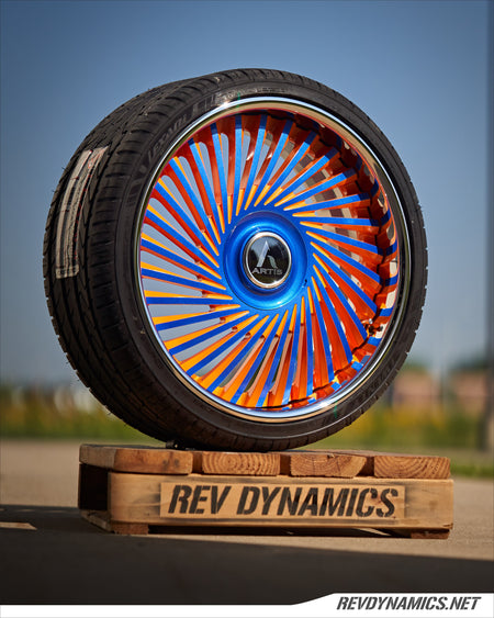 Polaris Slingshot Artis Juicy 20x10" Rim Powdercoated Stealth Blue and Sunrise Orange colors 
