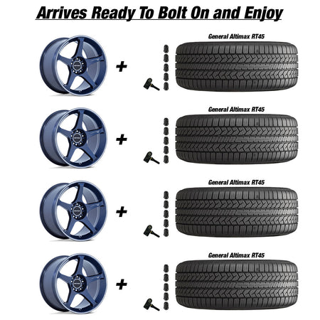 Tesla Model 3 Motegi Battle V Obsidian Blue Mach Lip Stripe 18 wheel and General Altimax RT45 tire package