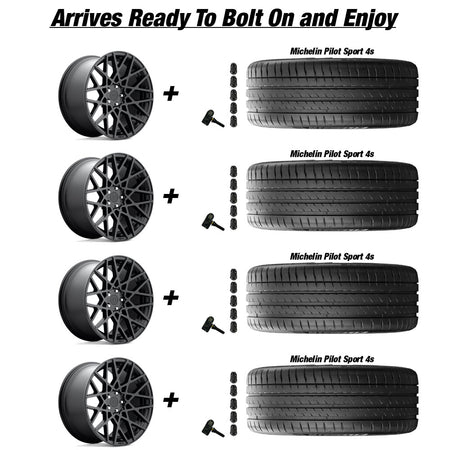 Tesla Model 3 Rotiform BLQ Matte Black 19 wheel and Michelin Pilot Sport All Season 4 tire package