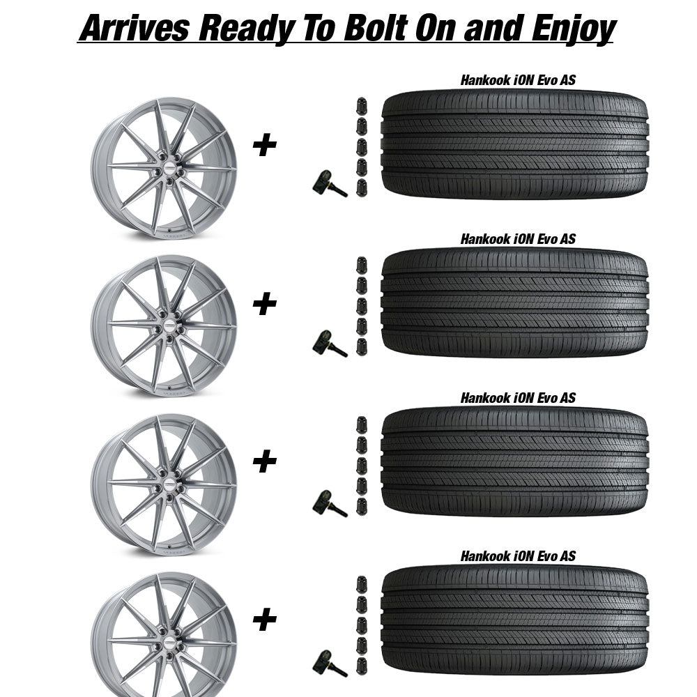 Tesla Model 3 Vossen HFX-2 Silver Polished 20in wheel and Hankook iON Evo AS tire package