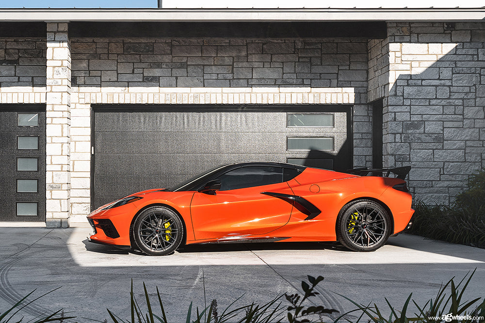 Sebring orange C8 Corvette side with Avant Garde Rims